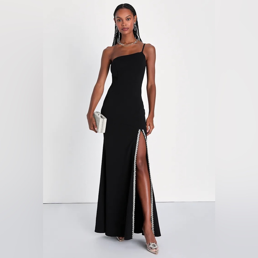 Lulus Absolutely Sensational Black Rhinestone One-Shoulder Maxi Evening Dress S